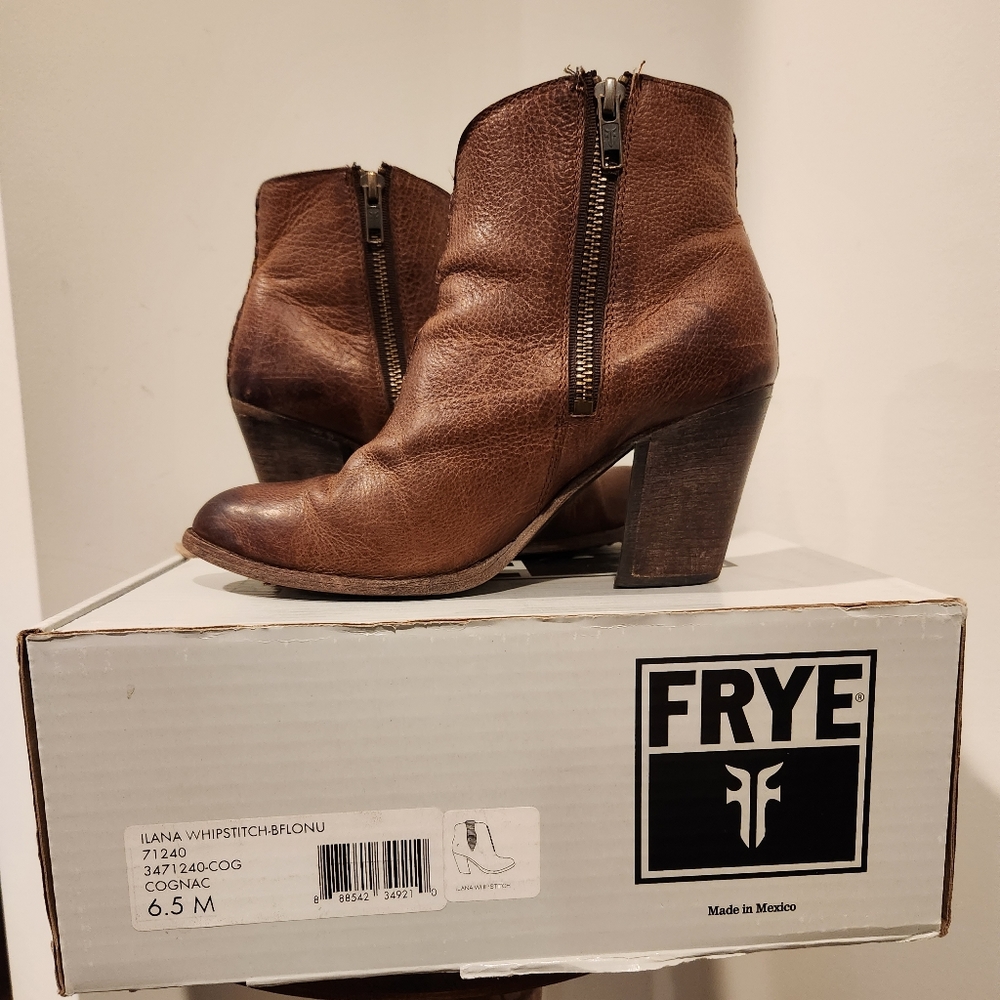 FRYE ILANA WHIPSTITCH DISTRESSED WESTERN COWBOY COGNAC ANKLE BOOTS BOOT 6.5 BOX - Picture 4 of 16